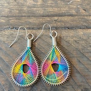 Boho Bohemian Dew Drop String Art Multicolor Geometric Dangle Earrings